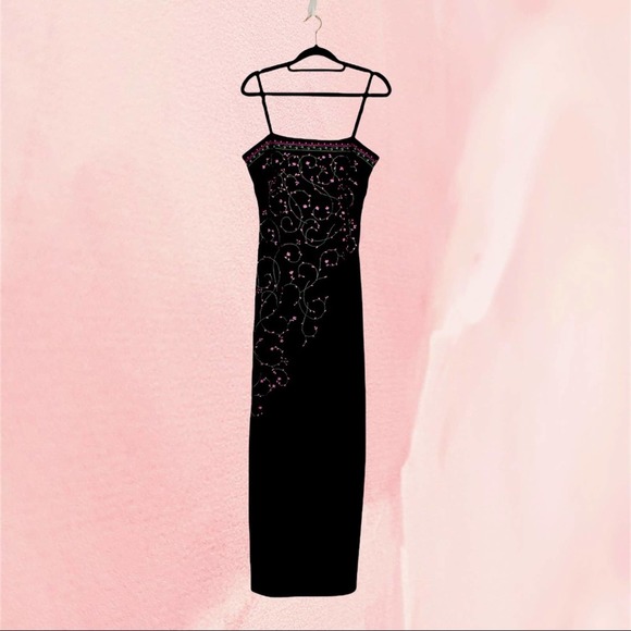 blushe impressions Dresses & Skirts - Women’s Blushe Impressions Black Maxi Dress, Pink & Green Floral Embroidery,sz 8
